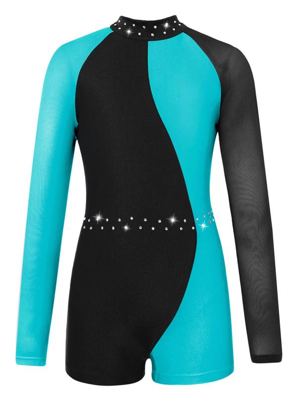 Kids Girls Long Sleeve Colorblock Gymnastics Leotard Dance Jumpsuit thumb
