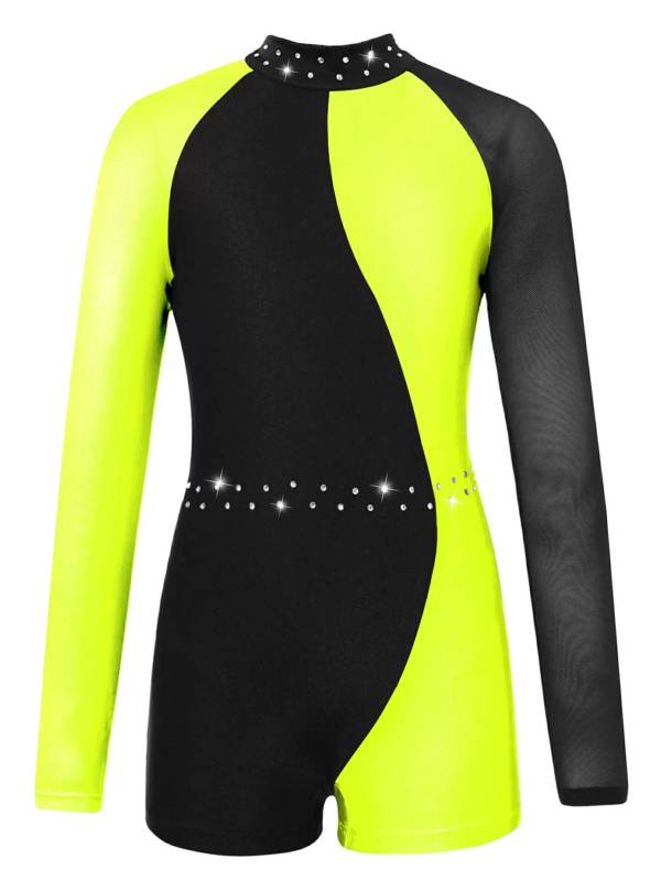 Kids Girls Long Sleeve Colorblock Gymnastics Leotard Dance Jumpsuit thumb
