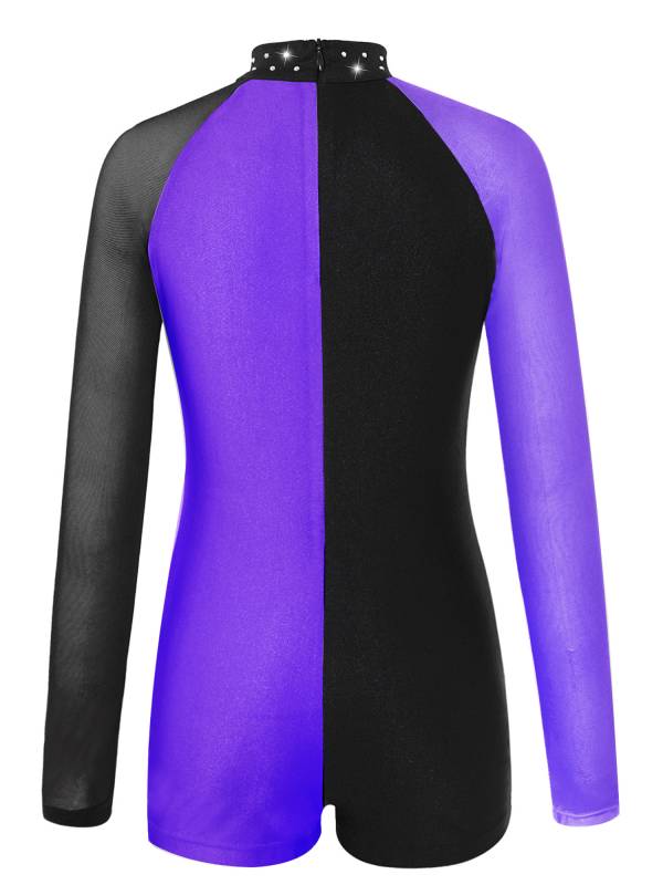 Kids Girls Long Sleeve Colorblock Gymnastics Leotard Dance Jumpsuit thumb