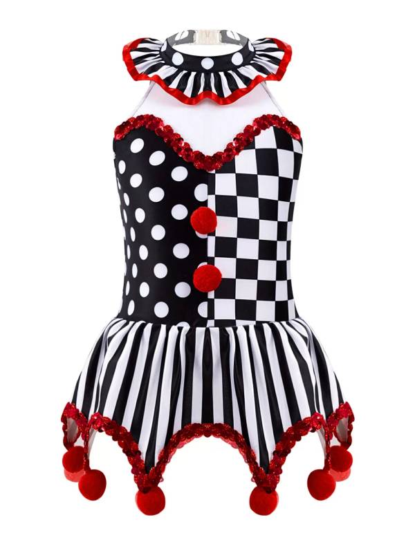 Kids Girls Circus Clown Costume Sleeveless Plaid Polka Dots Dress thumb