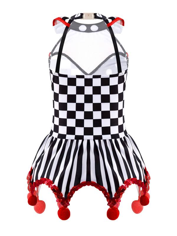 Kids Girls Circus Clown Costume Sleeveless Plaid Polka Dots Dress thumb