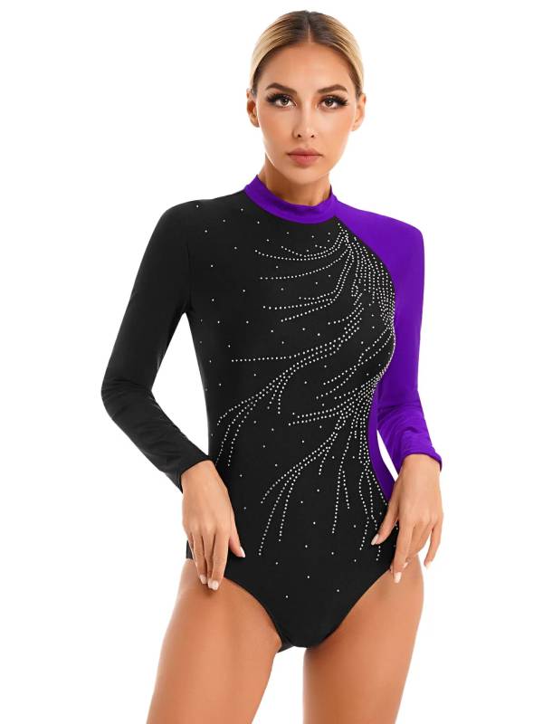 Women Long Sleeve Glitter Rhinestone Gymnastics Leotard thumb
