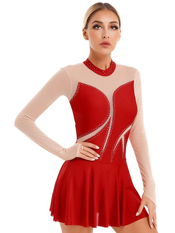 Women Glitter Rhinestone Long Sleeve Figure Skating Dress thumb