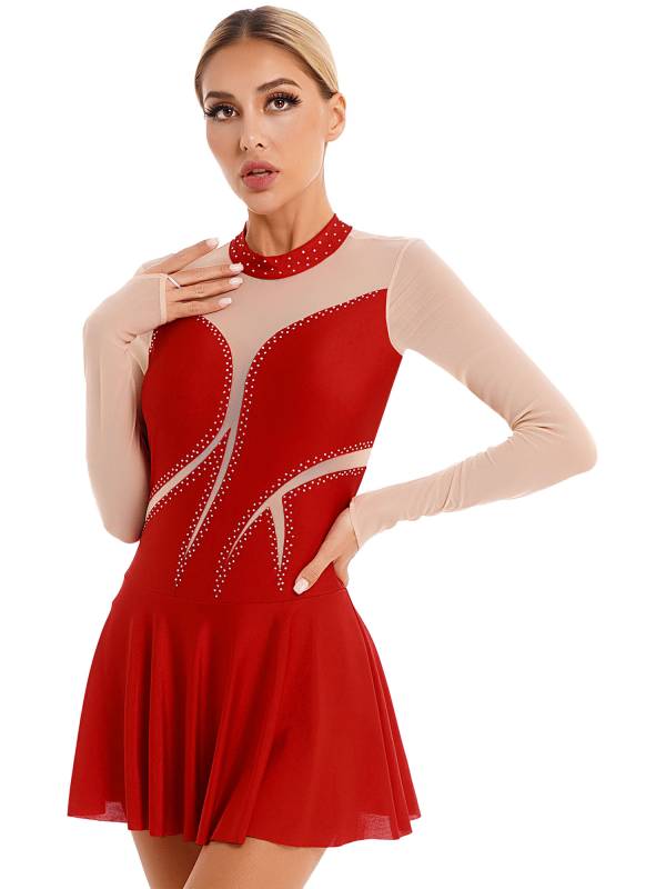Women Glitter Rhinestone Long Sleeve Figure Skating Dress thumb