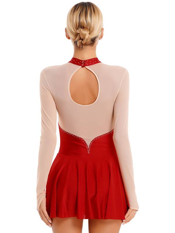Women Glitter Rhinestone Long Sleeve Figure Skating Dress thumb