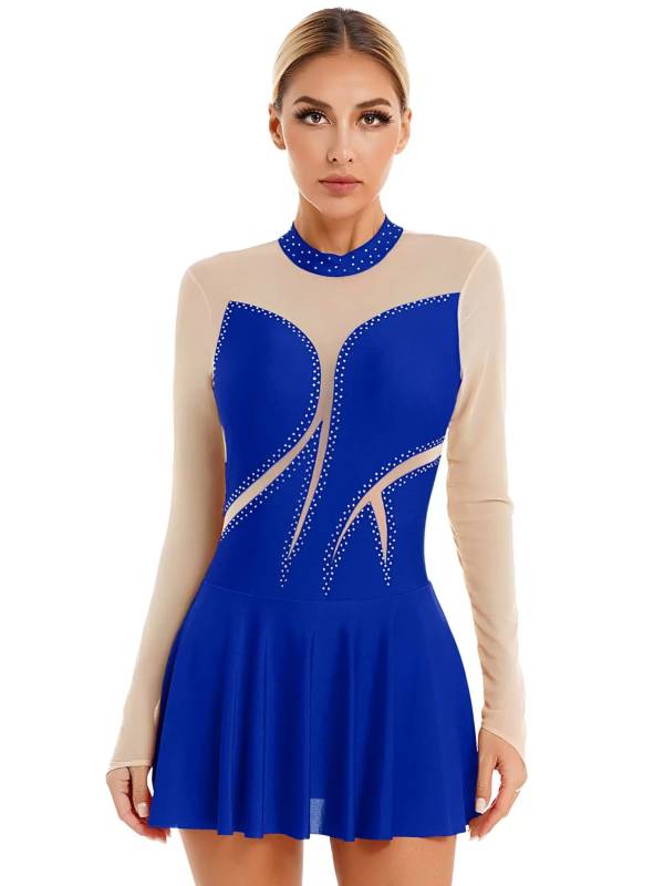 Women Glitter Rhinestone Long Sleeve Figure Skating Dress thumb