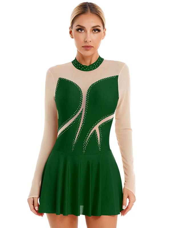 Women Glitter Rhinestone Long Sleeve Figure Skating Dress thumb