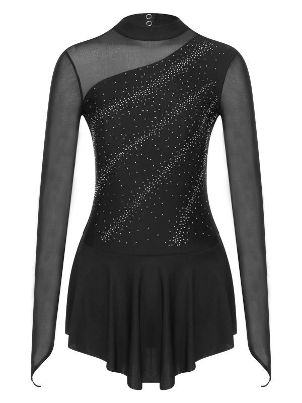 Women Glitter Rhinestone Dress Figure Skating Dance Leotard Dress thumb