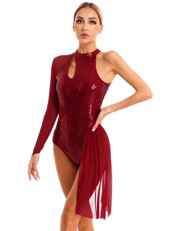 Women Glitter Sequins One Shoulder Figure Skating Leotard thumb