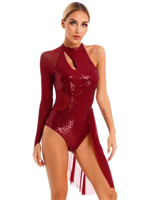 Women Glitter Sequins One Shoulder Figure Skating Leotard thumb