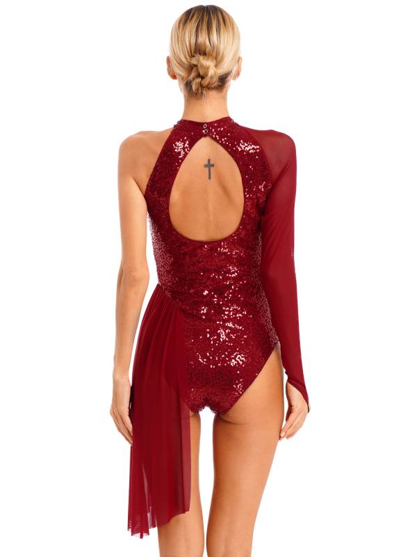 Women Glitter Sequins One Shoulder Figure Skating Leotard thumb