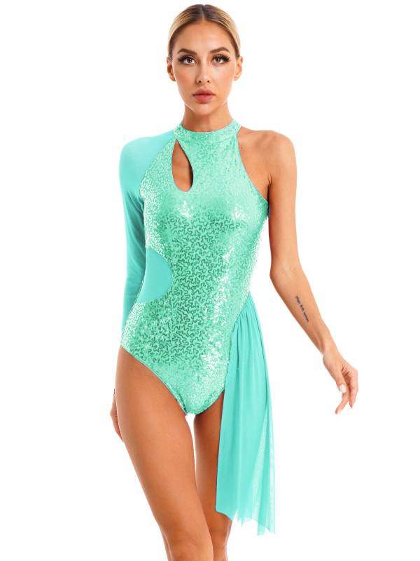 Women Glitter Sequins One Shoulder Figure Skating Leotard thumb