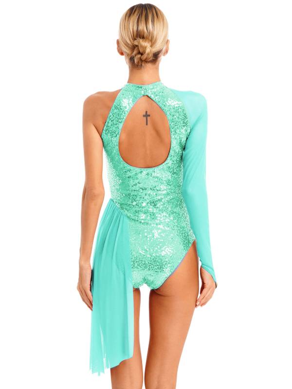Women Glitter Sequins One Shoulder Figure Skating Leotard thumb