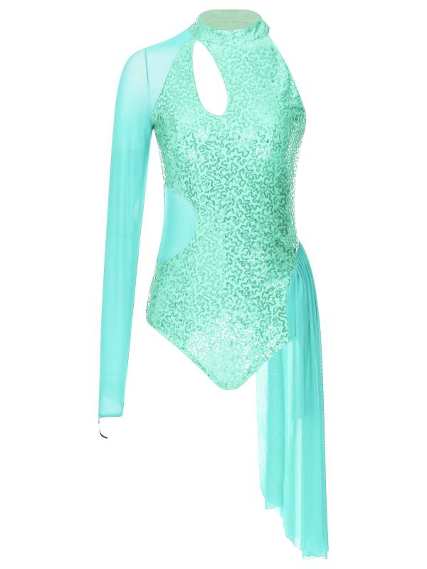 Women Glitter Sequins One Shoulder Figure Skating Leotard thumb