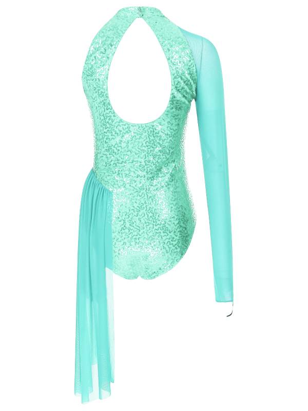 Women Glitter Sequins One Shoulder Figure Skating Leotard thumb