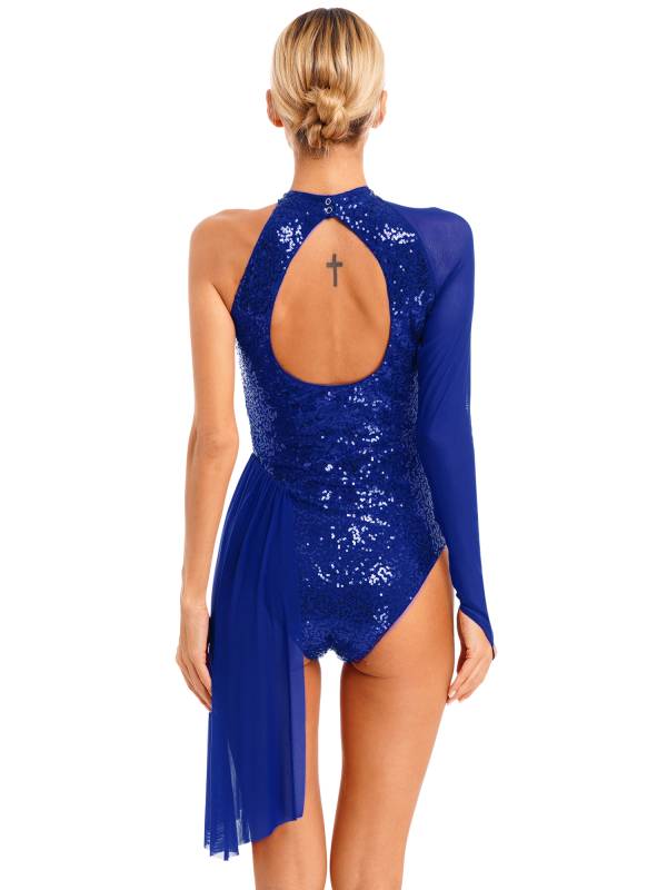 Women Glitter Sequins One Shoulder Figure Skating Leotard thumb