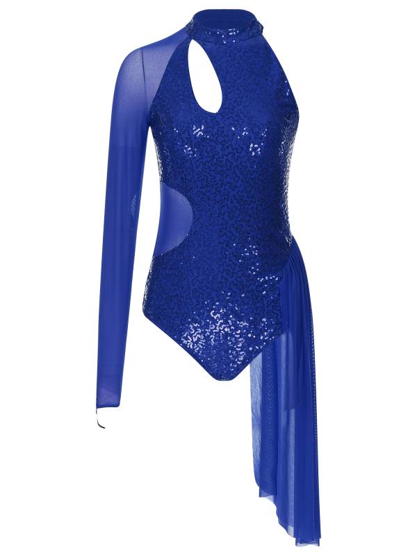 Women Glitter Sequins One Shoulder Figure Skating Leotard thumb