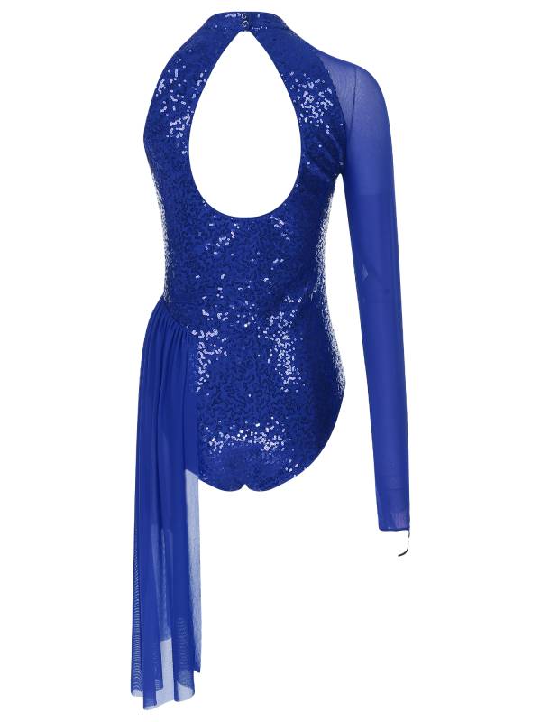 Women Glitter Sequins One Shoulder Figure Skating Leotard thumb