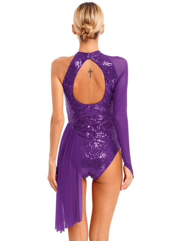Women Glitter Sequins One Shoulder Figure Skating Leotard thumb