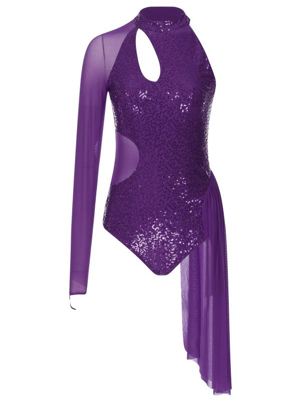 Women Glitter Sequins One Shoulder Figure Skating Leotard thumb