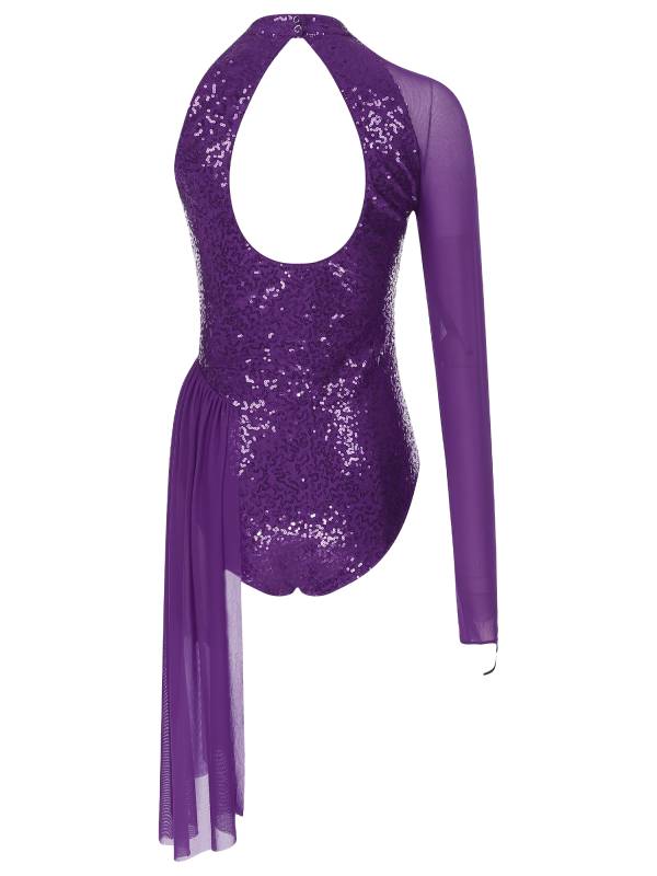 Women Glitter Sequins One Shoulder Figure Skating Leotard thumb