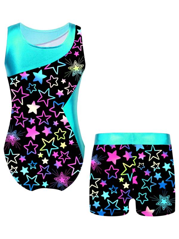 Kids Girls 2pcs Unicorn Rainbow Printed Gymnastics Dance Sets thumb