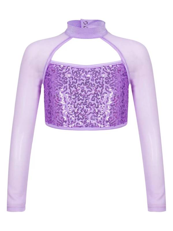 Kids Girls Long Sleeve Hollow Sequin Jazz Dance Crop Top thumb