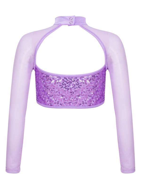 Kids Girls Long Sleeve Hollow Sequin Jazz Dance Crop Top thumb
