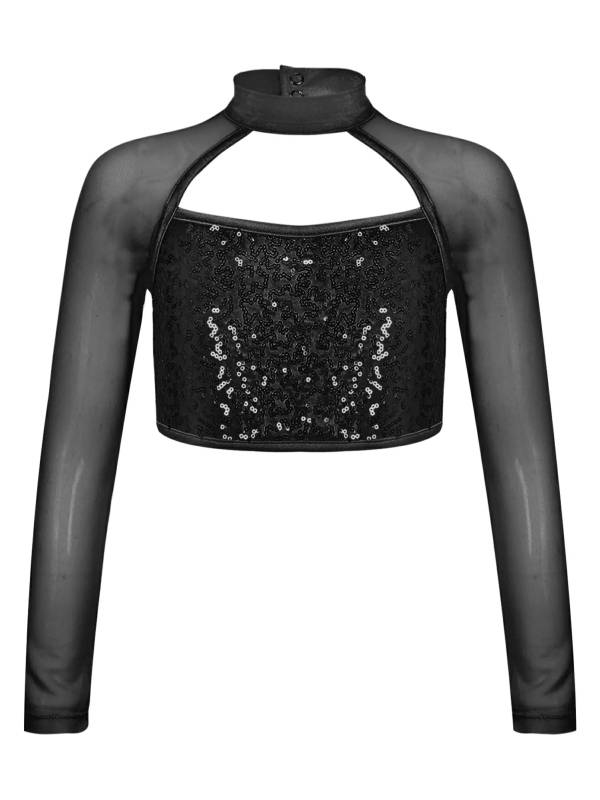 Kids Girls Long Sleeve Hollow Sequin Jazz Dance Crop Top thumb