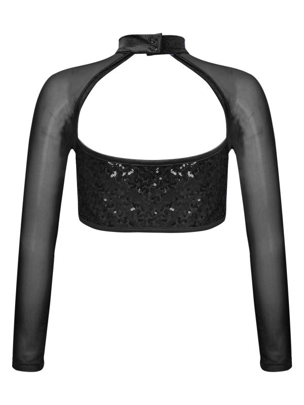 Kids Girls Long Sleeve Hollow Sequin Jazz Dance Crop Top thumb