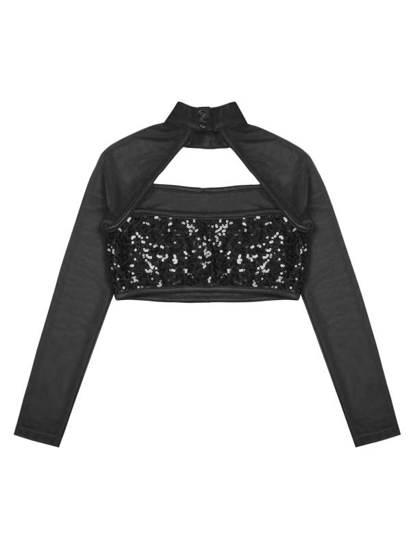 Kids Girls Long Sleeve Hollow Sequin Jazz Dance Crop Top thumb