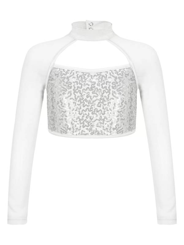 Kids Girls Long Sleeve Hollow Sequin Jazz Dance Crop Top thumb