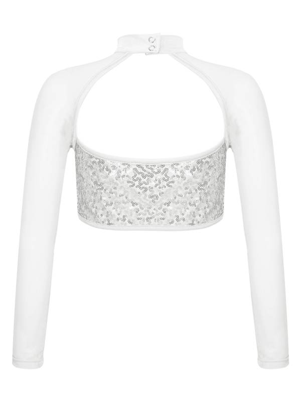Kids Girls Long Sleeve Hollow Sequin Jazz Dance Crop Top thumb