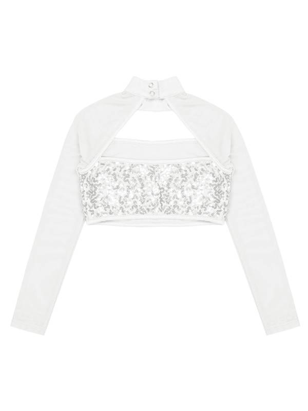 Kids Girls Long Sleeve Hollow Sequin Jazz Dance Crop Top thumb