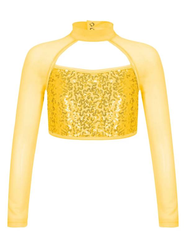 Kids Girls Long Sleeve Hollow Sequin Jazz Dance Crop Top thumb
