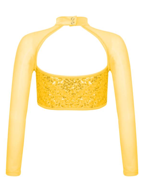 Kids Girls Long Sleeve Hollow Sequin Jazz Dance Crop Top thumb