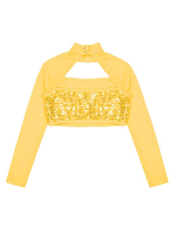 Kids Girls Long Sleeve Hollow Sequin Jazz Dance Crop Top thumb