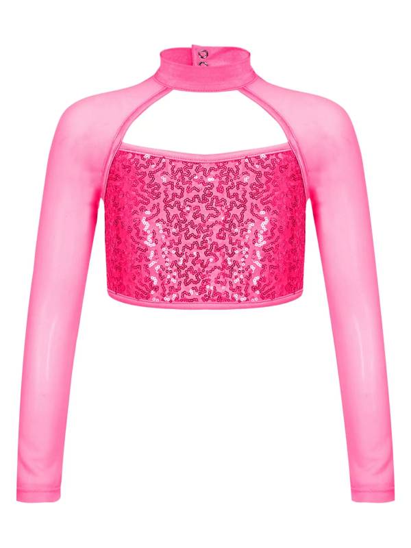 Kids Girls Long Sleeve Hollow Sequin Jazz Dance Crop Top thumb