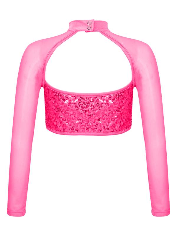Kids Girls Long Sleeve Hollow Sequin Jazz Dance Crop Top thumb