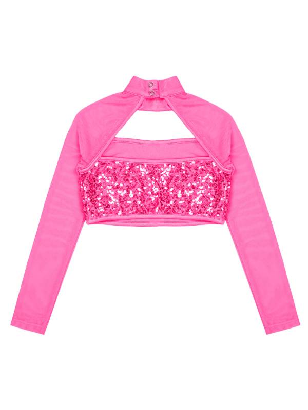 Kids Girls Long Sleeve Hollow Sequin Jazz Dance Crop Top thumb