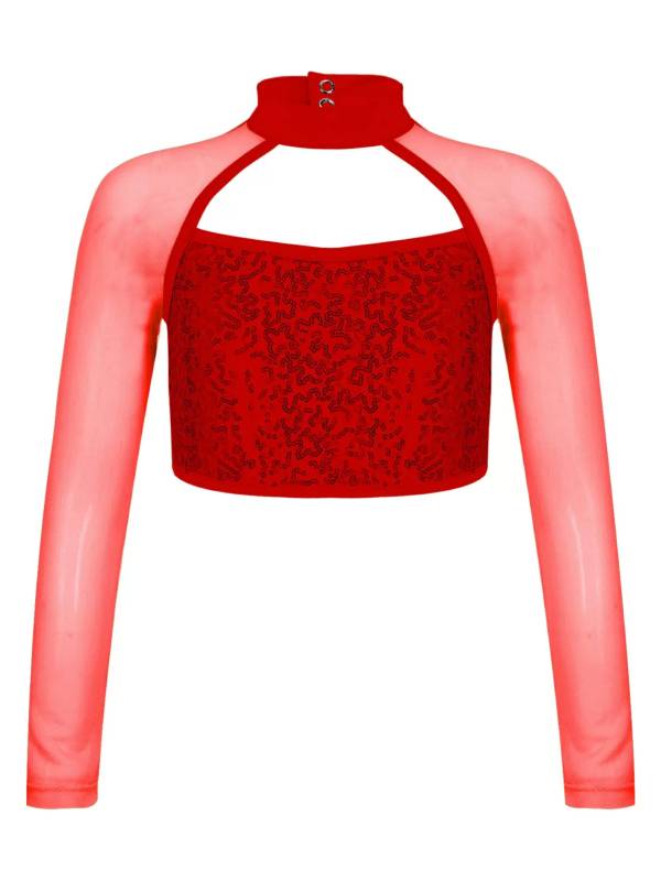 Kids Girls Long Sleeve Hollow Sequin Jazz Dance Crop Top thumb