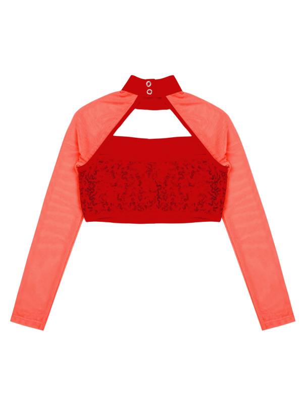 Kids Girls Long Sleeve Hollow Sequin Jazz Dance Crop Top thumb