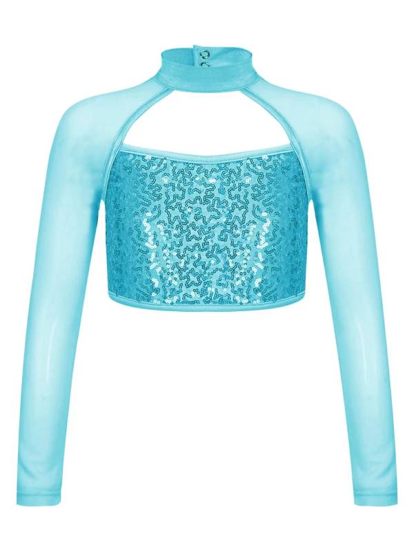 Kids Girls Long Sleeve Hollow Sequin Jazz Dance Crop Top thumb