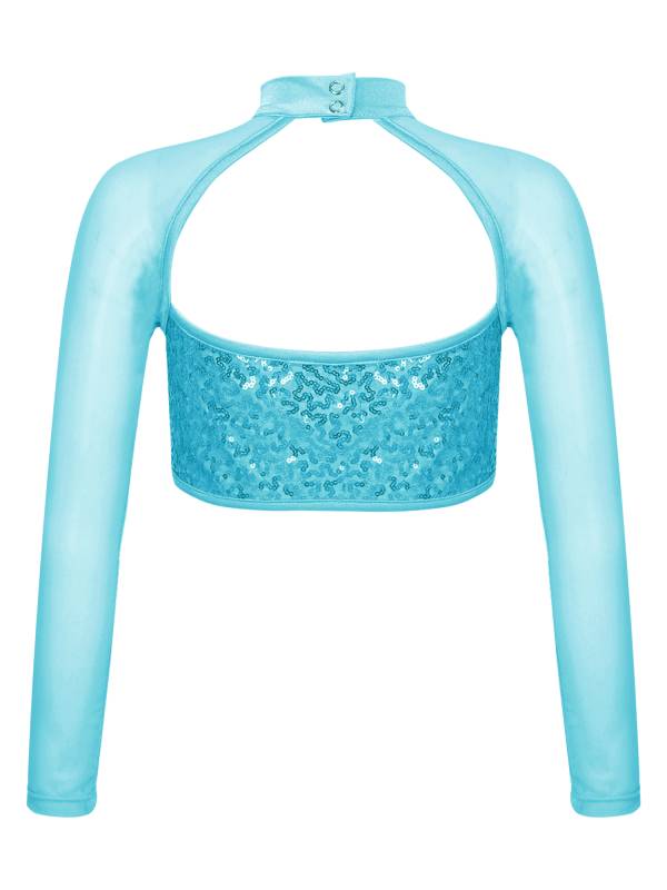 Kids Girls Long Sleeve Hollow Sequin Jazz Dance Crop Top thumb