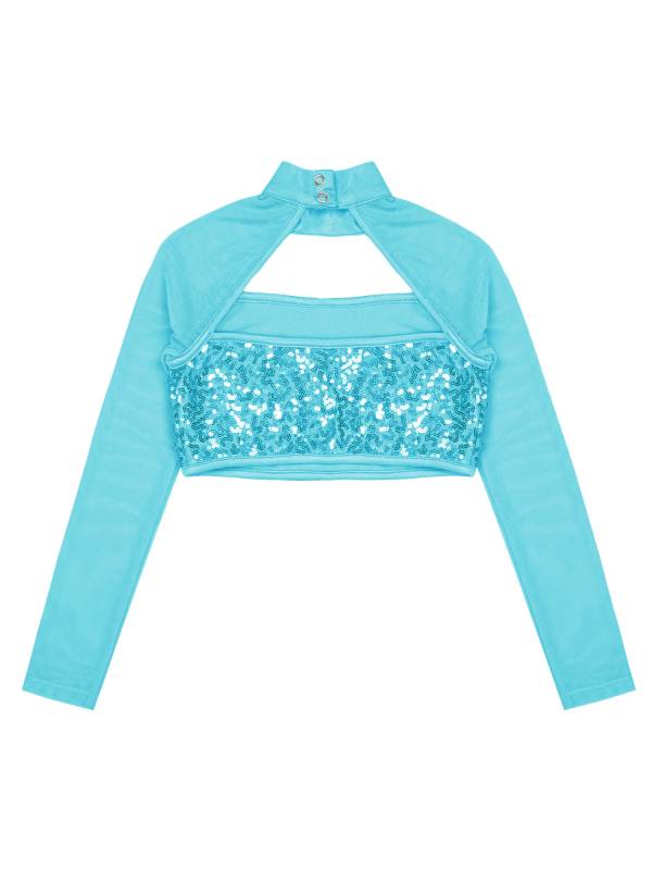 Kids Girls Long Sleeve Hollow Sequin Jazz Dance Crop Top thumb