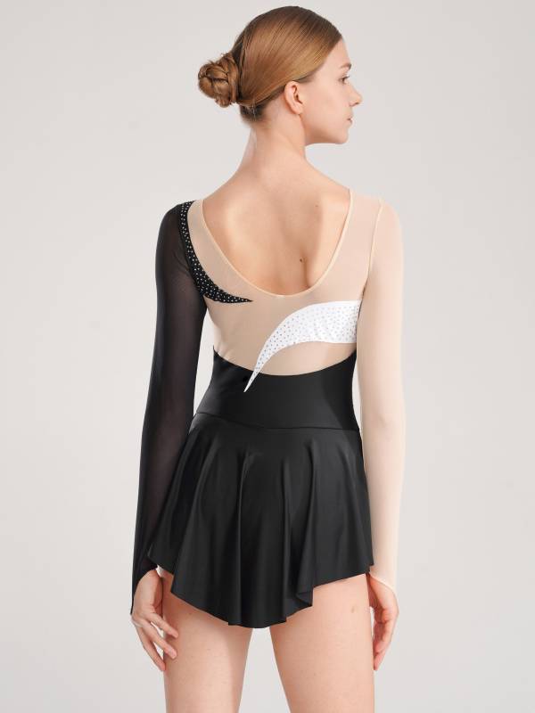 Women Sparkling Rhinestone Long Sleeve Figure Skating Leotard Dress thumb