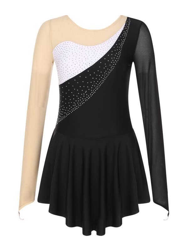 Women Sparkling Rhinestone Long Sleeve Figure Skating Leotard Dress thumb