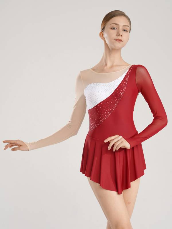 Women Sparkling Rhinestone Long Sleeve Figure Skating Leotard Dress thumb