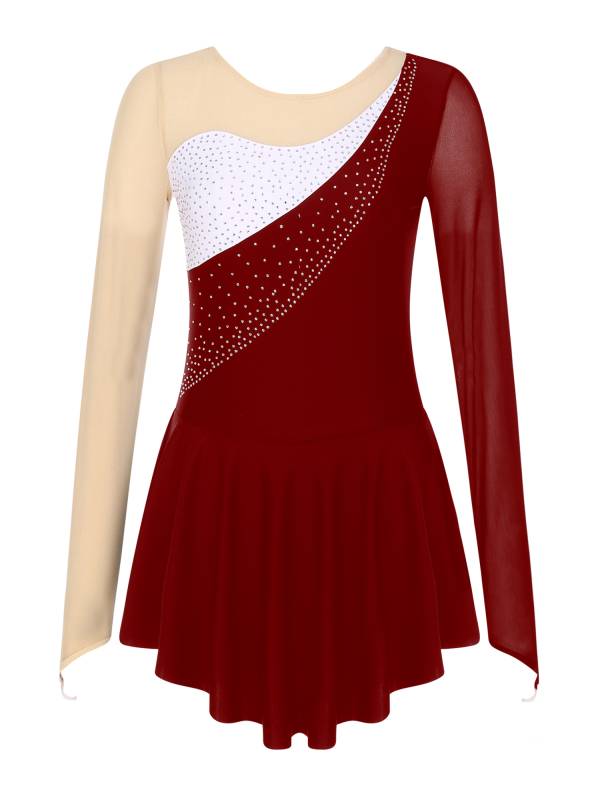 Women Sparkling Rhinestone Long Sleeve Figure Skating Leotard Dress thumb