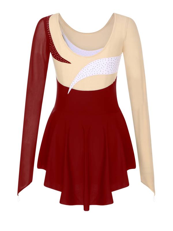 Women Sparkling Rhinestone Long Sleeve Figure Skating Leotard Dress thumb